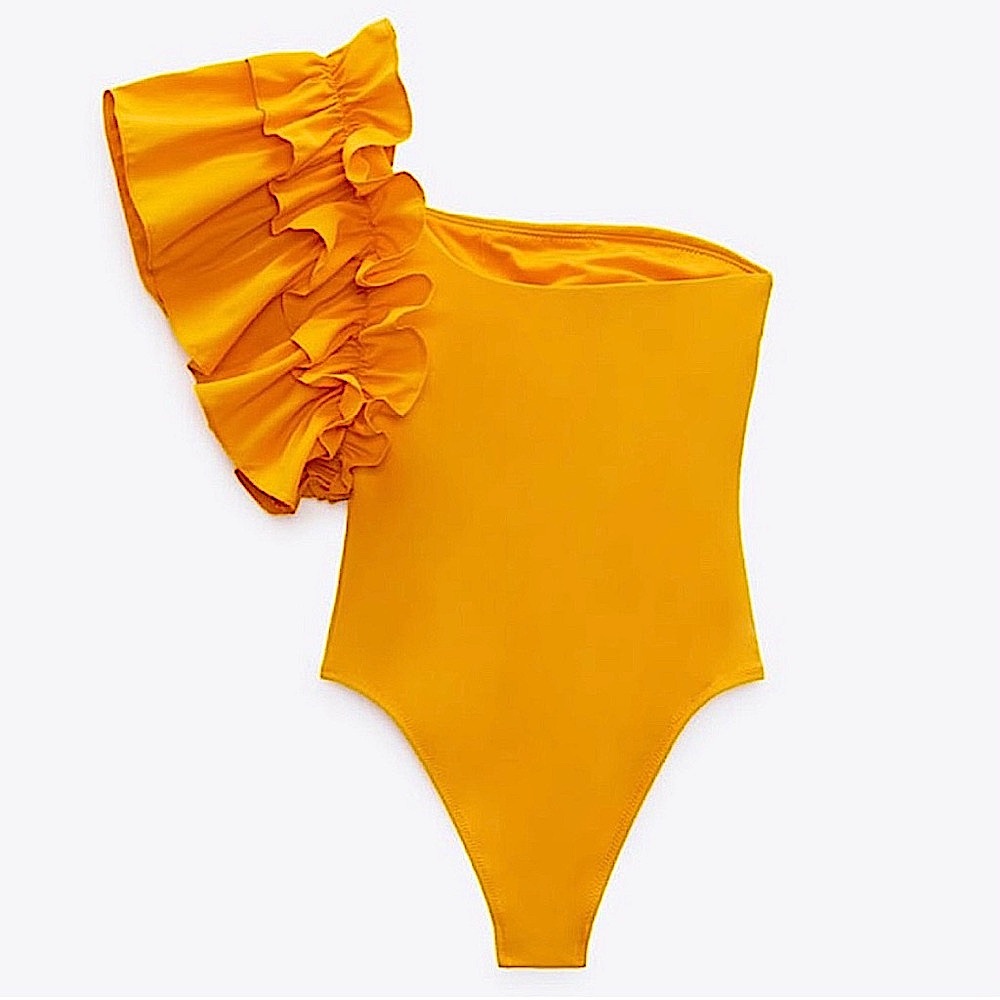 Zara Large Ruffle One Shoulder One Piece Swimsuit in Bright Yellow - Picture 4 of 15